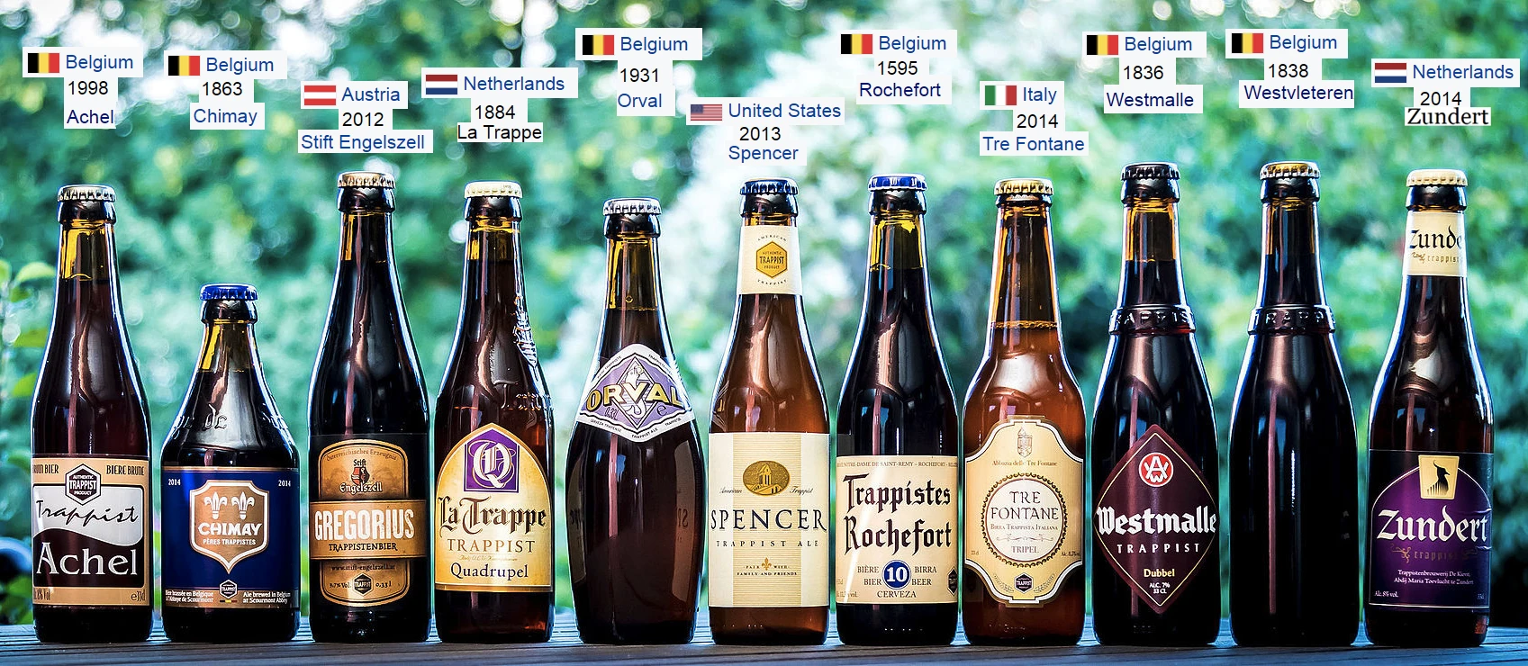 11 bouteilles de bières trappistes alignées